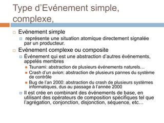 Type d’Evénement simple,
complexe,
   Evénement simple
       représente une situation atomique directement signalée
        par un producteur.
   Evénement complexe ou composite
       Événement qui est une abstraction d’autres événements,
        appelés membres
           Tsunami: abstraction de plusieurs événements naturels…
           Crash d’un avion: abstraction de plusieurs pannes du système
            de contrôle
           Bug de l’an 2000: abstraction du crash de plusieurs systèmes
            informatiques, dus au passage à l’année 2000
       Il est crée en combinant des événements de base, en
        utilisant des opérateurs de composition spécifiques tel que
        l’agrégation, conjonction, disjonction, séquence, etc…
 