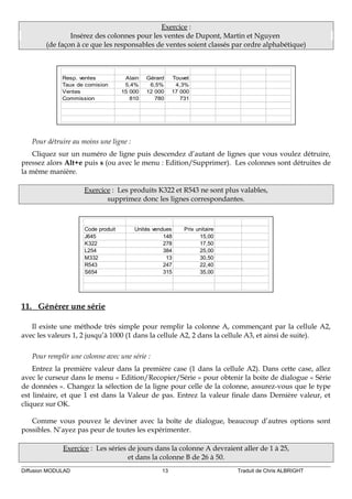 Exercice :
Insérez des colonnes pour les ventes de Dupont, Martin et Nguyen
(de façon à ce que les responsables de ventes soient classés par ordre alphabétique)
Resp. ventes Alain Gérard Touvet
Taux de comision 5,4% 6,5% 4,3%
Ventes 15 000 12 000 17 000
Commission 810 780 731
Pour détruire au moins une ligne :
Cliquez sur un numéro de ligne puis descendez d’autant de lignes que vous voulez détruire,
pressez alors Alt+e puis s (ou avec le menu : Edition/Supprimer). Les colonnes sont détruites de
la même manière.
Exercice : Les produits K322 et R543 ne sont plus valables,
supprimez donc les lignes correspondantes.
Code produit Unités vendues Prix unitaire
J645 148 15,00
K322 278 17,50
L254 384 25,00
M332 13 30,50
R543 247 22,40
S654 315 35,00
11. Générer une série
Il existe une méthode très simple pour remplir la colonne A, commençant par la cellule A2,
avec les valeurs 1, 2 jusqu’à 1000 (1 dans la cellule A2, 2 dans la cellule A3, et ainsi de suite).
Pour remplir une colonne avec une série :
Entrez la première valeur dans la première case (1 dans la cellule A2). Dans cette case, allez
avec le curseur dans le menu « Edition/Recopier/Série » pour obtenir la boite de dialogue « Série
de données ». Changez la sélection de la ligne pour celle de la colonne, assurez-vous que le type
est linéaire, et que 1 est dans la Valeur de pas. Entrez la valeur finale dans Dernière valeur, et
cliquez sur OK.
Comme vous pouvez le deviner avec la boîte de dialogue, beaucoup d’autres options sont
possibles. N’ayez pas peur de toutes les expérimenter.
Exercice : Les séries de jours dans la colonne A devraient aller de 1 à 25,
et dans la colonne B de 26 à 50.
Diffusion MODULAD 13 Traduit de Chris ALBRIGHT
 