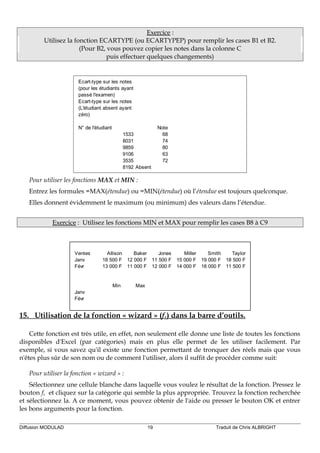 Exercice :
Utilisez la fonction ECARTYPE (ou ECARTYPEP) pour remplir les cases B1 et B2.
(Pour B2, vous pouvez copier les notes dans la colonne C
puis effectuer quelques changements)
Ecart-type sur les notes
(pour les étudiants ayant
passé l'examen)
Ecart-type sur les notes
(L'étudiant absent ayant
zéro)
N° de l'étudiant Note
1533 68
8031 74
9859 80
9106 63
3535 72
8192 Absent
Pour utiliser les fonctions MAX et MIN :
Entrez les formules =MAX(étendue) ou =MIN(étendue) où l’étendue est toujours quelconque.
Elles donnent évidemment le maximum (ou minimum) des valeurs dans l’étendue.
Exercice : Utilisez les fonctions MIN et MAX pour remplir les cases B8 à C9
Ventes Allison Baker Jones Miller Smith Taylor
Janv 18 500 F 12 000 F 11 500 F 15 000 F 19 000 F 18 500 F
Févr 13 000 F 11 000 F 12 000 F 14 000 F 18 000 F 11 500 F
Min Max
Janv
Févr
15. Utilisation de la fonction « wizard » (fx) dans la barre d’outils.
Cette fonction est très utile, en effet, non seulement elle donne une liste de toutes les fonctions
disponibles d'Excel (par catégories) mais en plus elle permet de les utiliser facilement. Par
exemple, si vous savez qu'il existe une fonction permettant de tronquer des réels mais que vous
n'êtes plus sûr de son nom ou de comment l'utiliser, alors il suffit de procéder comme suit:
Pour utiliser la fonction « wizard » :
Sélectionnez une cellule blanche dans laquelle vous voulez le résultat de la fonction. Pressez le
bouton fx et cliquez sur la catégorie qui semble la plus appropriée. Trouvez la fonction recherchée
et sélectionnez la. A ce moment, vous pouvez obtenir de l'aide ou presser le bouton OK et entrer
les bons arguments pour la fonction.
Diffusion MODULAD 19 Traduit de Chris ALBRIGHT
 