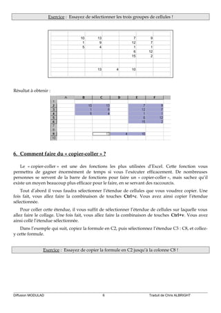 Exercice : Essayez de sélectionner les trois groupes de cellules !
10 13 7 9
1 9 12 7
5 4 1 1
6 12
15 2
13 4 10
Résultat à obtenir :
6. Comment faire du « copier-coller » ?
Le « copier-coller » est une des fonctions les plus utilisées d’Excel. Cette fonction vous
permettra de gagner énormément de temps si vous l’exécuter efficacement. De nombreuses
personnes se servent de la barre de fonctions pour faire un « copier-coller », mais sachez qu’il
existe un moyen beaucoup plus efficace pour le faire, en se servant des raccourcis.
Tout d’abord il vous faudra sélectionner l’étendue de cellules que vous voudrez copier. Une
fois fait, vous allez faire la combinaison de touches Ctrl+c. Vous avez ainsi copier l’étendue
sélectionnée.
Pour coller cette étendue, il vous suffit de sélectionner l’étendue de cellules sur laquelle vous
allez faire le collage. Une fois fait, vous allez faire la combinaison de touches Ctrl+v. Vous avez
ainsi collé l’étendue sélectionnée.
Dans l’exemple qui suit, copiez la formule en C2, puis sélectionnez l’étendue C3 : C8, et collez-
y cette formule.
Exercice : Essayez de copier la formule en C2 jusqu’à la colonne C8 !
Diffusion MODULAD 6 Traduit de Chris ALBRIGHT
 