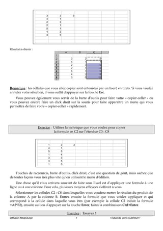 3 3 9
4 1
2 3
2 1
5 1
4 2
3 5
Résultat à obtenir :
Remarque : les cellules que vous allez copier sont entourées par un liseré en tirets. Si vous voulez
annuler votre sélection, il vous suffit d'appuyer sur la touche Esc.
Vous pouvez également vous servir de la barre d’outils pour faire votre « copier-coller » ou
vous pouvez encore faire un click droit sur la souris pour faire apparaître un menu qui vous
permettra de faire votre « copier-coller » rapidement.
Exercice : Utilisez la technique que vous voulez pour copier
la formule en C2 sur l’étendue C3 : C8
1 3 3
4 1
5 5
1 4
3 3
3 5
1 5
Touches de raccourcis, barre d’outils, click droit, c’est une question de goût, mais sachez que
de toutes façons vous irez plus vite qu’en utilisant le menu d'édition.
Une chose qu’il vous arrivera souvent de faire sous Excel est d’appliquer une formule à une
ligne ou à une colonne. Pour cela, plusieurs moyens efficaces s’offrent à vous.
Sélectionner les cellules C2 : C8 dans lesquelles vous voudrez mettre le résultat du produit de
la colonne A par la colonne B. Entrez ensuite la formule que vous voulez appliquer et qui
correspond à la cellule dans laquelle vous êtes (par exemple la cellule C2 induit la formule
=A2*B2), ensuite au lieu d’appuyer sur la touche Enter, faites la combinaison Ctrl+Enter.
Exercice : Essayez !
Diffusion MODULAD 7 Traduit de Chris ALBRIGHT
 