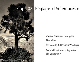 Etape 02- Réglage « Préférences »
● Viewer Firestorm pour grille
OpenSim
● Version 4.3.1.31155OS Windows
● Tutoriel basé sur configuration
OS Windows 7.
