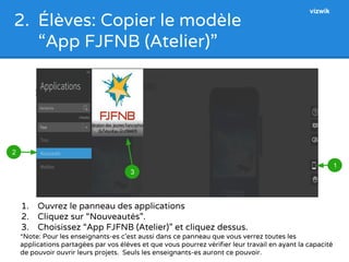 2. Élèves: Copier le modèle 
“App FJFNB (Atelier)” 
1. Ouvrez le panneau des applications 
2. Cliquez sur “Nouveautés”. 
3. Choisissez “App FJFNB (Atelier)” et cliquez dessus. 
*Note: Pour les enseignants-es c’est aussi dans ce panneau que vous verrez toutes les 
applications partagées par vos élèves et que vous pourrez vérifier leur travail en ayant la capacité 
de pouvoir ouvrir leurs projets. Seuls les enseignants-es auront ce pouvoir. 
2 
1 
3 
vizwik 
 