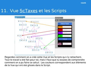 11. Vue 5cTaxes et les Scripts 
vizwik 
Regardez comment on a créé cette Vue et les Scripts qui s’y rattachent. 
Tout le travail a été fait pour toi, mais il faut que tu essaies de comprendre 
comment on a pu faire ce calcul. Les couleurs correspondent aux éléments 
de la Vue qui ont été glissés dans le Script. 
 