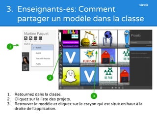 3. Enseignants-es: Comment 
partager un modèle dans la classe 
1. Retournez dans la classe. 
2. Cliquez sur la liste des projets. 
3. Retrouver le modèle et cliquez sur le crayon qui est situé en haut à la 
droite de l’application. 
1 
2 
3 
vizwik 
 