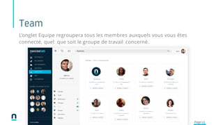 Team
L’onglet Equipe regroupera tous les membres auxquels vous vous êtes
connecté, quel que soit le groupe de travail concerné.
Page 13
 