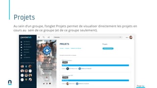Projets
Au sein d’un groupe, l’onglet Projets permet de visualiser directement les projets en
cours au sein de ce groupe (et de ce groupe seulement).
Page 14
 