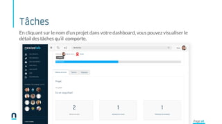 Tâches
Page 18
En cliquant sur le nom d’un projet dans votre dashboard, vous pouvez visualiser le
détail des tâches qu’il comporte.
 