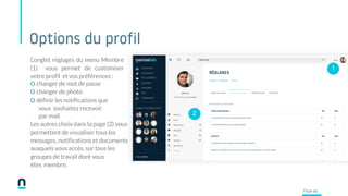 Options du profil
L’onglet réglages du menu Membre
(1) vous permet de customiser
votre profil et vos préférences :
o changer de mot de passe
o changer de photo
o définir les notifications que
vous souhaitez recevoir
par mail
Les autres choix dans la page (2) vous
permettent de visualiser tous les
messages, notifications et documents
auxquels vous accès, sur tous les
groupes de travail dont vous
étes membre.
1
2
Page 22
 