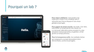 Pourquoi un lab ?
Pour mieux collaborer : tout projet a ses
impératifs, et plus il est complexe, plus il
nécessite que chacun dispose d’’une vision
globale et partagée.
Pour gagner du temps ensuite : les mails, c’est bien,
mais limité. Le temps perdu à les classer ou
a y retrouver telle pièce jointe envoyée il y a des
semaines n’amuse personne, en général , et fait
perdre un temps précieux.
Pour la transparence enfin : les multiples tâches
qui composent un projet demandent à être
hiérarchisées, suivies et partagées.
Page 3
 