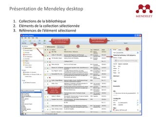Présentation de Mendeley desktop

 1. Collections de la bibliothèque
 2. Eléments de la collection sélectionnée
 3. Référe...