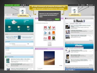 Et voilà comment se présente d’emblée une
                  page d’accueil à l’ouverture d’un compte.


                                                              and there too
Take a look...




                                                                              11
 