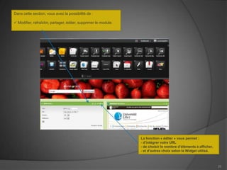 Dans cette section, vous avez la possibilité de :

 Modifier, rafraîchir, partager, éditer, supprimer le module.




                                                                 La fonction « éditer » vous permet :
                                                                 - d’intégrer votre URL
                                                                 - de choisir le nombre d’éléments à afficher,
                                                                 - et d’autres choix selon le Widget utilisé.



                                                                                                                 25
 