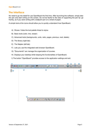 OpenBoard 1.6
Version of September 27, 2021 Page 5
The interface
No need to go into detail for use OpenBoard the first time. After launching the software, simply take
the pen and start writing on the screen. Do not be fearful to the idea of supporting the pen tip: go
frankly, as if you were writing with a ballpoint pen on a sheet of paper.
A simple look at the icons should allow you to quickly understand how OpenBoard.
A) Shows / hides the tool palette linked to stylus
B) Basic tools (color, line, eraser)
C) Advanced tools (backgrounds, undo, redo, pages, previous, next, delete)
D) The library (right tab)
E) The flatplan (left tab)
F) Lets you use the integrated web browser OpenBoard.
G) "Documents" can manage the organization of courses.
H) Displays your desktop while keeping the functionalities of OpenBoard.
I) The button "OpenBoard" provides access to the application settings and exit.
 