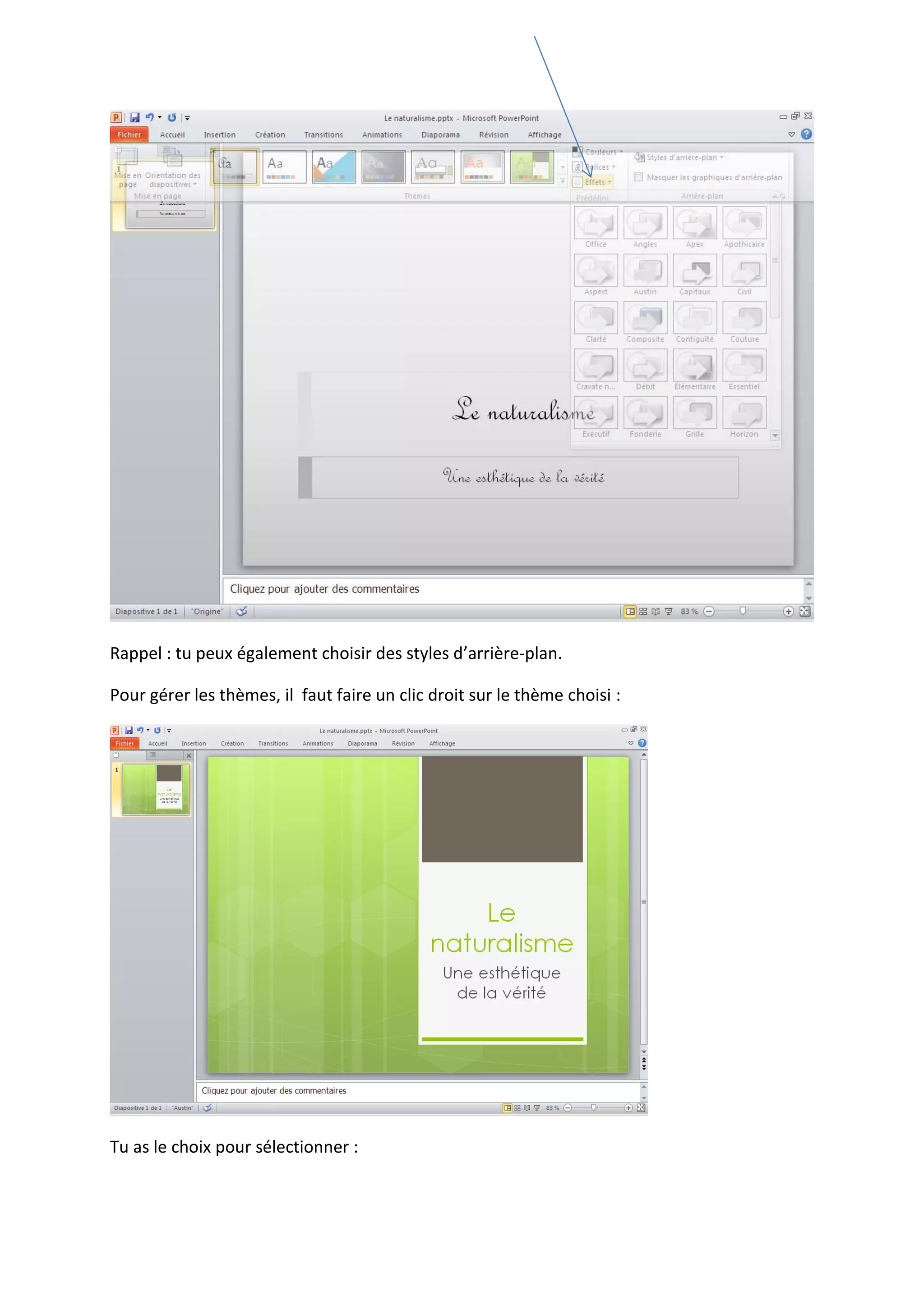 Rappel : tu peux également choisir des styles d’arrière-plan.
Pour gérer les thèmes, il faut faire un clic droit sur le thème choisi :
Tu as le choix pour sélectionner :
 