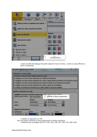 www.tssperformance.com
o Dans la boîte de dialogue Nouvelle règle de mise en forme , cochez la case afficher la
barre uniquement
o Valider en appuyant sur OK
Pour les autres colonnes ce sera exactement le même processus:
o Sélectionner les plages F38:F47, H38 :H47, J38 :J47, L38 :L47, N38 :N47
 