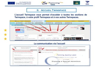 II. Accueil Twinspace
L’accueil Twinspace vous permet d’accéder à toutes les sections de
Twinspace, à votre profil Twinspace et à vos autres Twinspaces.
Tunisia
La communication via l’accueil
4
 