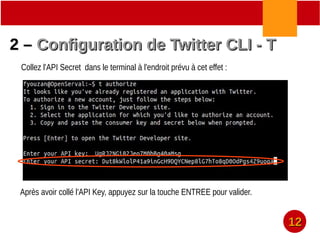 2 –2 – Configuration de Twitter CLI - TConfiguration de Twitter CLI - T
Collez l'API Secret dans le terminal à l'endroit prévu à cet effet :
Après avoir collé l'API Key, appuyez sur la touche ENTREE pour valider.
1212
 