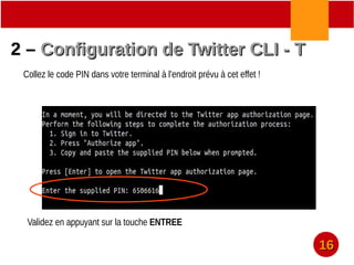 2 –2 – Configuration de Twitter CLI - TConfiguration de Twitter CLI - T
Collez le code PIN dans votre terminal à l'endroit prévu à cet effet !
Validez en appuyant sur la touche ENTREE
1616
 