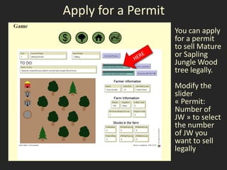 Apply for a Permit
                     You can apply
                     for a permit
                     to sell Mature
                     or Sapling
                     Jungle Wood
                     tree legally.
                     Modify the
                     slider
                     « Permit:
                     Number of
                     JW » to select
                     the number
                     of JW you
                     want to sell
                     legally
 