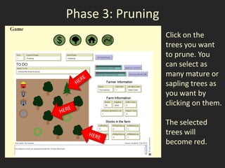 Phase 3: Pruning
                   Click on the
                   trees you want
                   to prune. You
                   can select as
                   many mature or
                   sapling trees as
                   you want by
                   clicking on them.

                   The selected
                   trees will
                   become red.
 