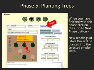 Phase 5: Planting Trees

                      When you have
                      finished with this
                      phase click on
                      the « Go to Next
                      Phase button ».
Selected
empty slots
                      New seedlings of
                      Silver Oak will be
                      planted into the
                      selected emplty
                      slots.
 