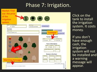Phase 7: Irrigation.
Market: Find
out the price
of the                                    Click on the
irrigation                                tank to install
system                                    the irrigation
                                          system. It costs
                                          money.
                            Cashbox
                                          If you don’t
                                          have enough
                                          cash, the
                                          irrigation
                                          system will not
                                          be installed and
 Warning message                          a warning
                                          message will
                                          appear.
 