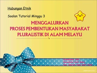 Hubungan Etnik
Soalan Tutorial Minggu 3
Disediakan oleh :
Noredatul binti Gabo
Nur Amirah Hani binti Azmi
 