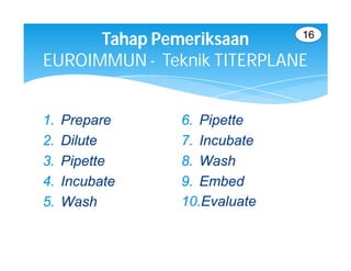 16
      Tahap Pemeriksaan
EUROIMMUN - Teknik TITERPLANE


1.   Prepare    6. Pipette
2.   Dilute     7. Incubate
3.   Pipette    8. Wash
4.   Incubate   9. Embed
5.   Wash       10.Evaluate
 