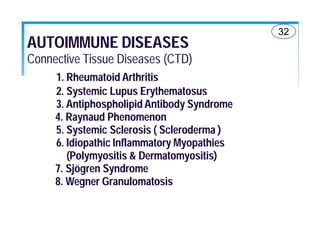 32
AUTOIMMUNE DISEASES
Connective Tissue Diseases (CTD)
     1. Rheumatoid Arthritis
     2. Systemic Lupus Erythematosus
     3. Antiphospholipid Antibody Syndrome
     4. Raynaud Phenomenon
     5. Systemic Sclerosis ( Scleroderma )
     6. Idiopathic Inflammatory Myopathies
        (Polymyositis & Dermatomyositis)
     7. Sjögren Syndrome
     8. Wegner Granulomatosis
 