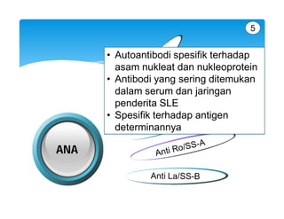 5


      • Autoantibodi spesifik terhadap
        asam nukleat dan nukleoprotein
      • Antibodi yang sering ditemukan
        dalam serum dan jaringan
        penderita SLE
      • Spesifik terhadap antigen
        determinannya

ANA
 