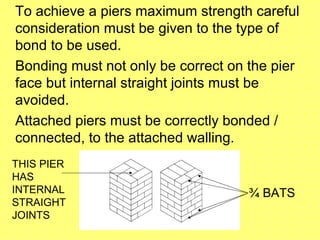 To achieve a piers maximum strength careful
consideration must be given to the type of
bond to be used.
Bonding must not only be correct on the pier
face but internal straight joints must be
avoided.
Attached piers must be correctly bonded /
connected, to the attached walling.
THIS PIER
HAS
INTERNAL
STRAIGHT
JOINTS
¾ BATS
 