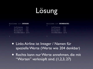 Lösung
Airlines ::= INTEGER      Airlines ::= ENUMERATED
{                         {
     Lufthansa   (1)           Lufthansa   (1)
     AirFrance   (2)           AirFrance   (2)
     KoreanAir   (3)           KoreanAir   (3)
     ProfBeckAir (27)          ProfBeckAir (27)

}                         }




    • Links Airline ist Integer / Namen für
      spezielle Werte (Werte wie 204 denkbar)
    • Rechts kann nur Werte annehmen, die mit
      “Worten” verknüpft sind. (1,2,3, 27)
 