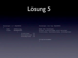 Lösung 5

Passenger ::= SEQUENCE                     Passenger vom Typ SEQUENCE
{
    name     IA5String,                    Name des Passenger
    class    ENUMERATED                    Klasse unterschieden wird zwischen
                 {                         firstclass, businessclass, economyclass
                       firstclass    (1)
                       businessclass (2)
                       economyclass (3)

                                           Sitzplatznummer
                                           }
 