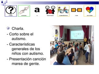  Charla.
- Corto sobre el
autismo.
- Características
generales de los
niños con autismo.
- Presentación canción
marea de gente.
 