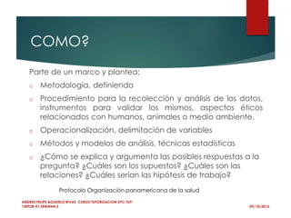COMO?
Parte de un marco y plantea:
o Metodología, definiendo
o Procedimiento para la recolección y análisis de los datos,
instrumentos para validar los mismos, aspectos éticos
relacionados con humanos, animales o medio ambiente.
o Operacionalización, delimitación de variables
o Métodos y modelos de análisis, técnicas estadísticas
o ¿Cómo se explica y argumenta las posibles respuestas a la
pregunta? ¿Cuáles son los supuestos? ¿Cuáles son las
relaciones? ¿Cuáles serían las hipótesis de trabajo?
09/10/2015
ANDRES FELIPE AGUDELO RIVAS CURSO TUTORIZACION DTC-TUT-
150928-01 SEMANA 2
Protocolo Organización panamericana de la salud
 