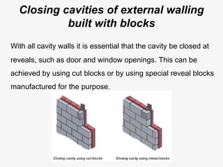 Closing cavities of external walling
built with blocks
With all cavity walls it is essential that the cavity be closed at
reveals, such as door and window openings. This can be
achieved by using cut blocks or by using special reveal blocks
manufactured for the purpose.
 