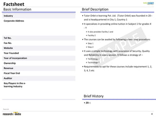 Factsheet
Basic Information       Brief Description
Industry                • Tutor Orbit e-learning Pvt. Ltd. (Tutor Orbit) was founded in 20--
Corporate Address        and is headquartered in City 1, Country 1
                        • It specializes in providing online tuition in Subject 1 for grades X
                          -Y
                           • It also provides Facility 1 and




                                               E
                           • Facility 2




                                              L
Tel No.
                        • The courses can be availed by following a two- step procedure:
Fax No.
Website
                           • Step 1
                           • Step 2



                                            MP
                        • It uses a simple technology with assurance of Security, Quality


                                           A
Year Founded



                                          S
                          and Reliability in every session. It follows a strategy of –
Year of Incorporation      • Technology 1

Ownership                  • Technology 2
                        • Requirements to opt for these courses include requirement 1, 2,
Revenue
                          3, 4, 5 etc
Fiscal Year End
Auditor
Key Players in the e-
learning Industry


                         Brief History
                         • 20--:

Source:

                                                                                                 4
 