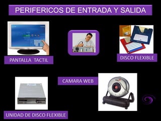 PERIFERICOS DE ENTRADA Y SALIDA




 PANTALLA TACTIL                   DISCO FLEXIBLE



                      CAMARA WEB




UNIDAD DE DISCO FLEXIBLE
 