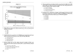 NUMERICAL REASONING
30
TEST N3
/31
TEST N3
1. When did cows represent the highest proportion of cattle on all agricultural
holdings in Fartenza?
a) 1998
b) 1999
c) 2000
d) 2001
2. If milk yield of an average dairy cow is 8,000 litres per annum, how much more
milk was produced in Fartenza in years 1998-1999 than 2000-2001?
a) 120 thousand litres
b) 120 million litres
c) 200 thousand litres
d) 200 million litres
3. Between which years was the relative decrease in number of dairy cows
greater than the relative decrease of other cattle (i.e. other than dairy and beef
cows)?
a) only between 1998-1999
b) between 1998-1999 and 2000-2001
c) only between 2000-2001
d) never
4. If the net profit from a hectolitre of milk went up from €5 in 2000 to €6 in 2001
and all milk was sold, how did the net profit from entire milk production in
Fartenza change in 2001 compared to 2000?
a) it fell by €160,000
b) it fell by €1,600,000
c) it increased by €7,200,000
d) it fell by €7,200,000
5. Assuming the EU commenced to subsidize cattle farming in Fartenza by €0.5
per head per annum but set maximum subsidy of €200,000 per annum. How
much subsidy did Farentza obtain in years 1998-2001 altogether?
a) €600,000
b) €730,000
c) €745,000
d) €800,000
Cattle on agricultutral holdings in Fartenza,
1998-2001
90 85
40 40
300
235
70
90
30
55
200
350
0
100
200
300
400
500
600
1998 1999 2000 2 001
livestockinthousands
Beef cows Dairy cows Other cattle
 