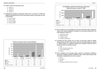 NUMERICAL REASONING
36
TEST N3
/37
16. Which country has the largest area?
a) country A
b) country B
c) country C
d) country D
17. Supposing the number of passengers fell by 10% in country B in 2001 and
length of rails did not alter, by how much did the number of passengers per km
of rail change?
a) rose by 2,000
b) fell by 2,000
c) rose by 20,000
d) fell by 20,000
18. If we consider the level of pollution in the three industrial regions altogether,
which of the selected pollutants contributes by the greatest proportion to its
total emission in country X?
a) particulate matter
b) sulphur dioxide
c) nitrogen oxides
d) cannot be determined
19. Assuming the three regions carry out 30% of the entire volume of mining
and quarrying and 50% of the entire volume of all manufacturing in country
X, which of these two industries releases more nitrogen oxides per unit of
production than the national average?
a) both
b) only mining and quarrying
c) only manufacturing
d) neither
20. If the ecological cost of nitrogen oxides emission is estimated at €1000 per
tonne and of sulphur dioxide at €2000 per tonne, which region brings about
the highest ecological harm by these two gases?
a) Intala
b) Kostarna
c) Piolia
d) Kostarna and Piolia by the same rate
Air pollutants: emission of selected gases in foremost
industrial regions in country X, 2002
0
1000
2000
3000
thousandtonnes
Intala 100 200 700
Kostarna 70 300 800
Piolia 50 250 500
Country X in total 400 2000 3000
particulate matter sulphur dioxide nitrogen oxides
Emission of nitrogen oxides by selected industries
0
200
400
600
800
1000
1200
thousandtonnes
Intala 30 40 100 420 120
Kostarna 20 40 120 450 150
Piolia 20 30 70 100 160
Country X in total 400 300 600 1200 800
agriculture
mining &
quarrying
manufacturing
electricity
supply
road transport
Air pollutants: emission of selected gases in foremost
industrial regions in country X, 2002
0
1000
2000
3000
thousandtonnes
Intala 100 200 700
Kostarna 70 300 800
Piolia 50 250 500
Country X in total 400 2000 3000
particulate matter sulphur dioxide nitrogen oxides
Emission of nitrogen oxides by selected industries
0
200
400
600
800
1000
1200
thousandtonnes
Intala 30 40 100 420 120
Kostarna 20 40 120 450 150
Piolia 20 30 70 100 160
Country X in total 400 300 600 1200 800
agriculture
mining &
quarrying
manufacturing
electricity
supply
road transport
 