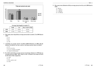 NUMERICAL REASONING
44
TEST N4
/45
Average trip length in country X
Walk Car Bus, Coach or Rail
1990 2 km 20 km 62 km
2000 1.5 km 25 km 70 km
6. How many more trips did an average person take in country X in 2000 than in
1990?
a) 35
b) 65
c) 85
d) 105
7. Assuming an average person travelled 26,000 kilometres in 2000, did the
distance travelled by car, bus, coach or rail make up more than two thirds?
a) yes
b) no, it was less
c) no, it’s exactly two thirds
d) cannot be determined
8. By which mode did an average person travel longer distance in 1990 than an
average person in 2000? “Bus, coach or rail” is treated as one mode of travel
for the sake of this comparison.
a) walk
b) car
c) bus, coach or rail
d) none
9. How many more kilometres did an average person travel in car in 2000 than in
1990?
a) 400 km
b) 1, 400 km
c) 5, 000 km
d) 14, 000 km
Trips per person per year
680
50100
600
400
6590
380
0
100
200
300
400
500
600
700
800
Walk Car Bus, Coach or
Rail
Other Mode
1990
2000
 
