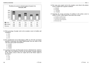 NUMERICAL REASONING
10
TEST N1
/11
13. What percentage of people work in the secondary sector in Geelkite and
Leegenfort?
a) 20%
b) 25%
c) 33%
d) 42%
14. The unemployment rate in Roezengine in 2001 was 10%.The government
launched a programme that helped 40,000 people from this region to find
a job. How many people stayed jobless?
a) 220,000
b) 260,000
c) 300,000
d) 340,000
15. Assuming Korwatoo and Roezengine became administratively united in
2001, what is the difference between the percentage of people employed
in the tertiary sector in this new region and in the former region of
Korwaltoo?
a) 5%
b) 10%
c) 15%
d) 20%
16. How many more people work in the secondary sector than in the primary
sector, in Volkish and Leegenfort combined?
a) 600,000
b) 650,000
c) 1,050,000
d) 1,700,000
17. Supposing the average percentage of workforce in the tertiary sector in
country X is 60%, which region(s) is/are below this average?
a) Geelkite and Korwatoo
b) Geelkite and Leegenfor
c) Korwatoo and Leegenfor
d) Korwato only
Leegenfort 2050 1300 250 0,569444
Roezengine 1900 600 200 0,703704
Volkish 2100 800 150 0,688525
Workforce by sectors in selected regions of country X in
thousands, 2001
0
1000
2000
3000
4000
5000
primary 300 400 250 200 150
secondary 1400 1000 1300 600 800
tertiary 2800 1400 2050 1900 2100
Geelkite Korwatoo Leegenfort Roezengine Volkish
 