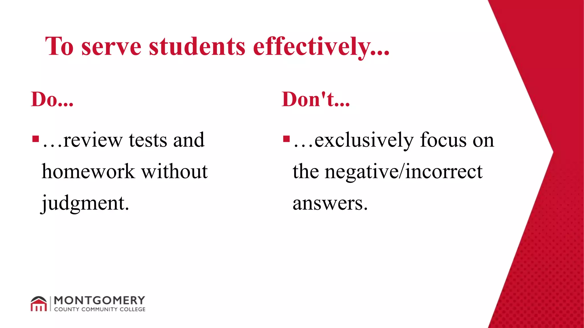 …review tests and
homework without
judgment.
…exclusively focus on
the negative/incorrect
answers.
Do... Don't...
To serve students effectively...
 