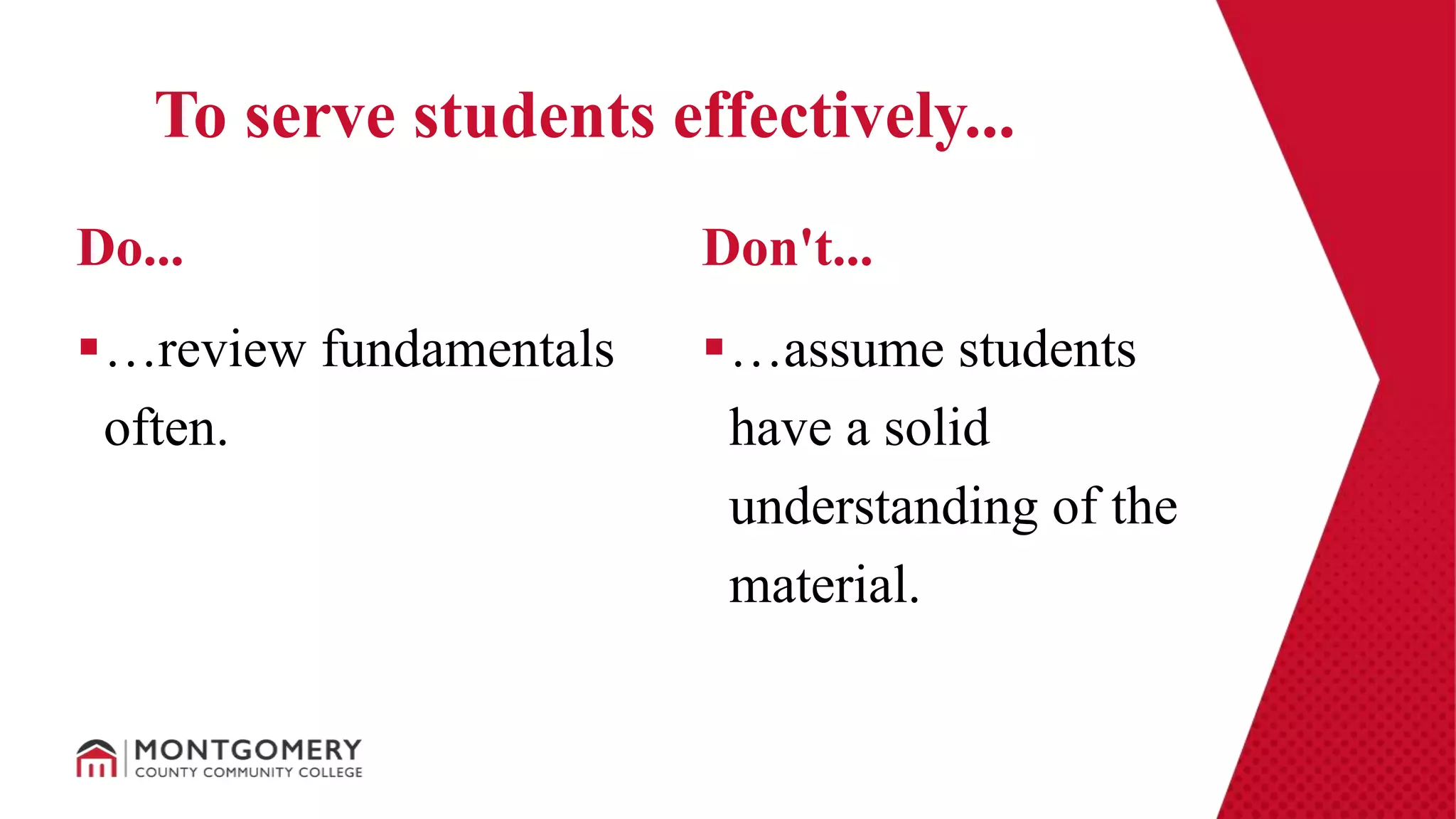 …review fundamentals
often.
…assume students
have a solid
understanding of the
material.
Do... Don't...
To serve students effectively...
 