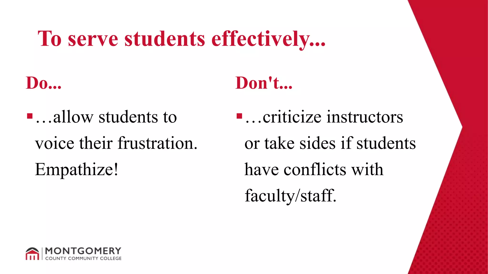 …allow students to
voice their frustration.
Empathize!
…criticize instructors
or take sides if students
have conflicts with
faculty/staff.
Do... Don't...
To serve students effectively...
 