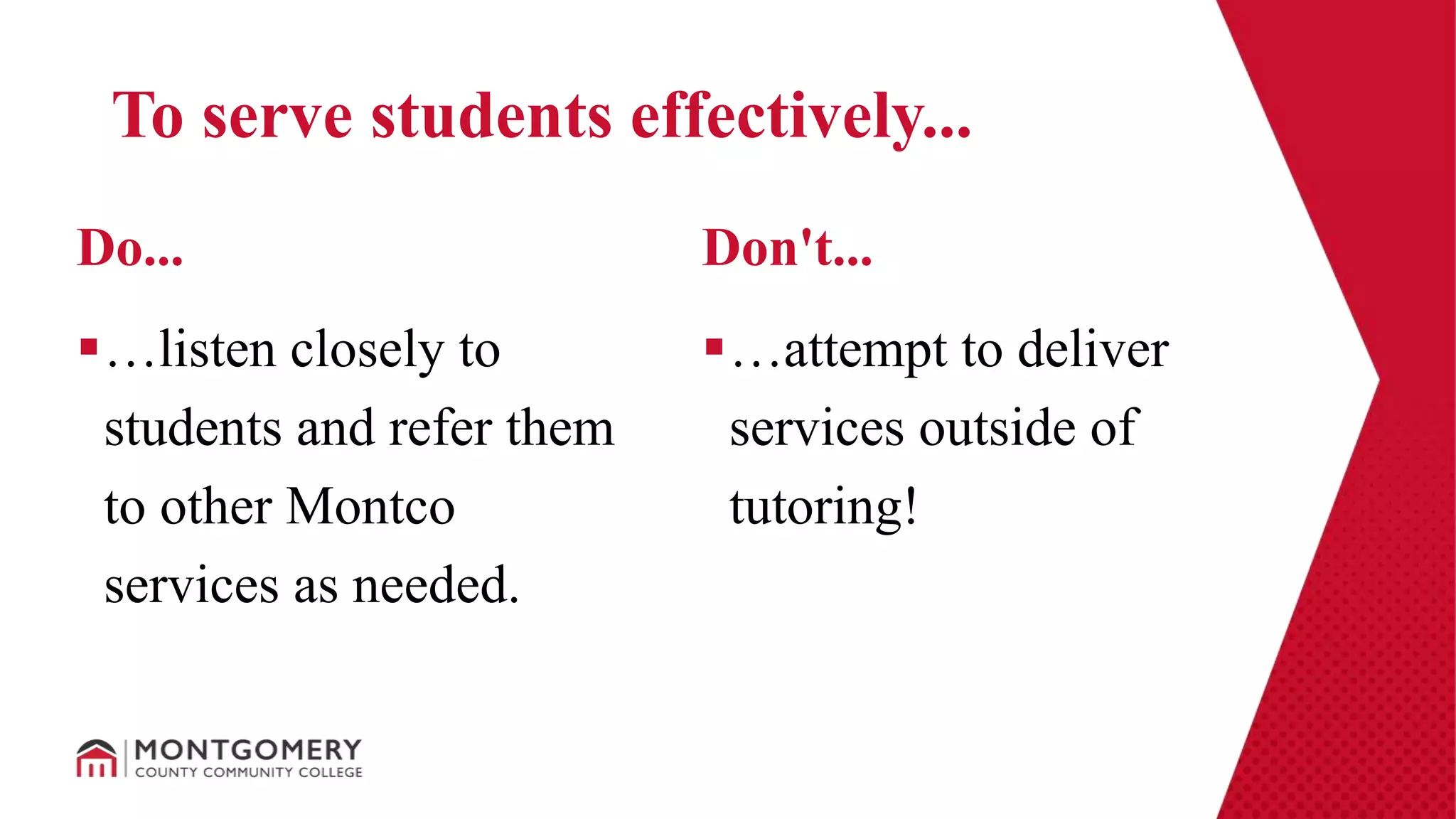 …listen closely to
students and refer them
to other Montco
services as needed.
…attempt to deliver
services outside of
tutoring!
Do... Don't...
To serve students effectively...
 