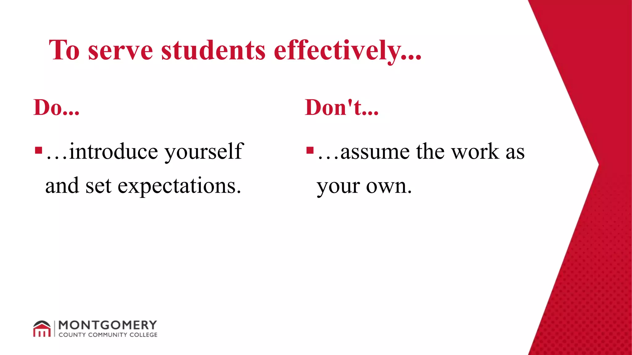 …introduce yourself
and set expectations.
…assume the work as
your own.
Do... Don't...
To serve students effectively...
 