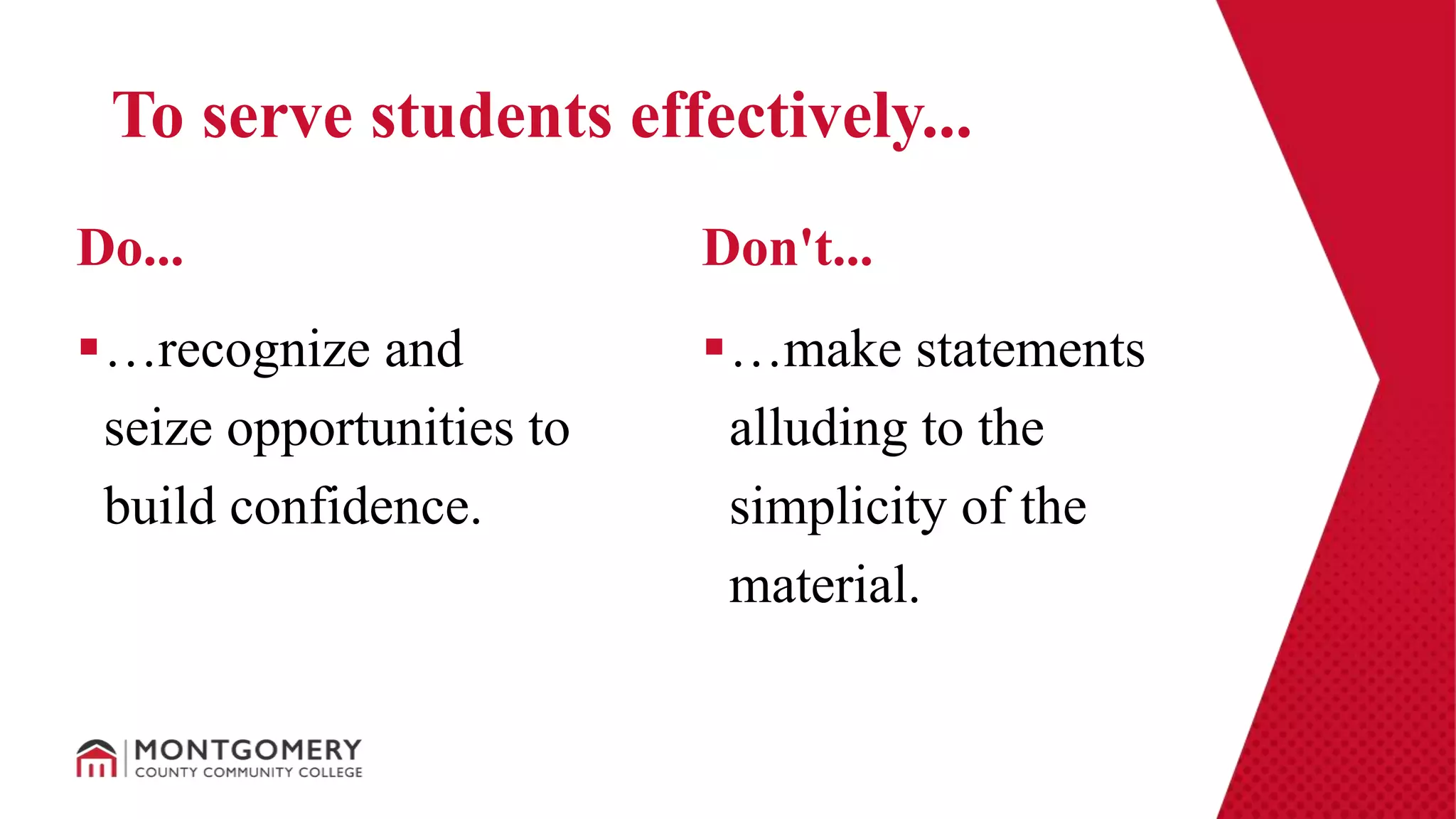 …recognize and
seize opportunities to
build confidence.
…make statements
alluding to the
simplicity of the
material.
Do... Don't...
To serve students effectively...
 