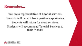 You are a representative of tutorial services.
Students will benefit from positive experiences.
Students will return for more services.
Students will recommend Tutorial Services to
their friends!
Remember...
 